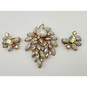 Vintage Aurora Borealis Marquise Crinkle Pearl Lava Rock Layers Brooch/Earrings